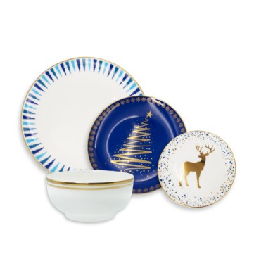 Set de 4 Piezas Por Persona Pinos Azul Filo Dorado Navidad
