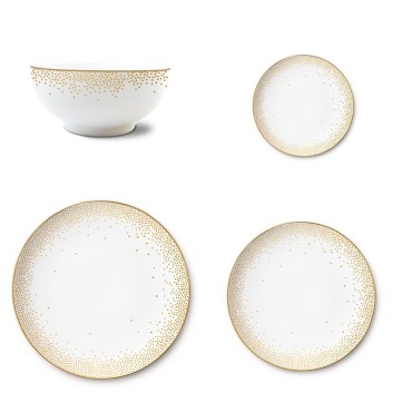 Set de 4pz Por Persona lunares dorados (plato trinche 27cm, pastel 20cm, pan 16cm y bowl 13cm) navidad