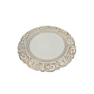 Bajo plato melamina blanco borde texturizado dorado 