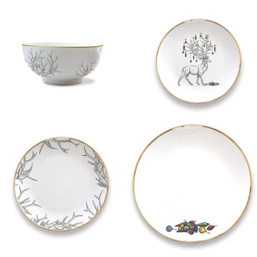 Set de 4 Piezas Por Persona Reno Blanco Filo Dorado Navidad