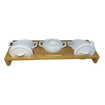Juego 3 cazuelitas med. ovaladas c/asas y tapa+base de madera